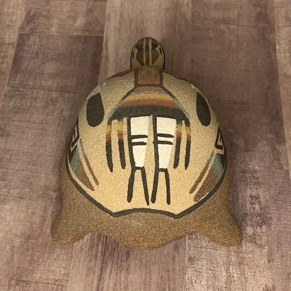 Vtg 80s Native Sand Art Painting Turtle Tortoise w Yei Figure Southwest 6” L - Picture 4 of 16